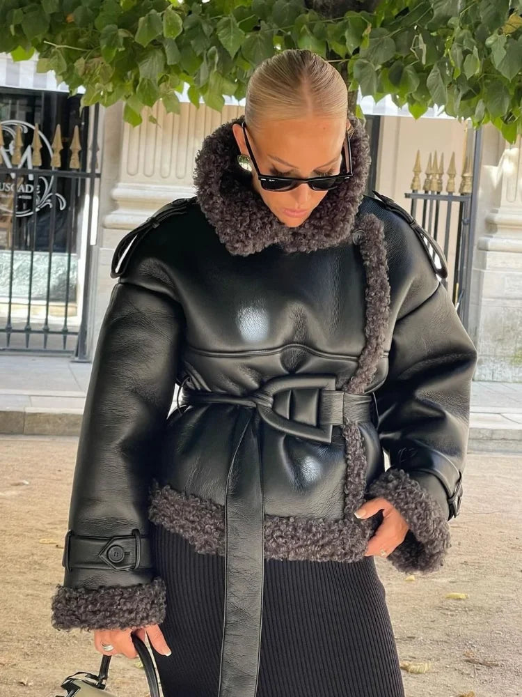 Leather Lamb Wool Lady Jacket