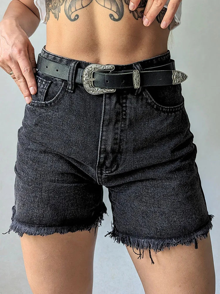 Blue denim shorts summer high waist casual chic